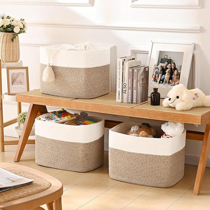 3 Pack Cube Storage Bin, 17”x12”x12” Cotton Rope Woven Baskets for Organizing Toys Clothes Towels, Square Gift Storage Baskets for Shelf, Nursery, Closet, Bathroom, Pantry (White & Jute)