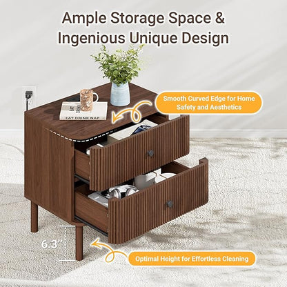 FavourLife Night Stand Set of 2 with Charging Station, 24" Large Fluted Nightstand with Rounded Corners & Solid Wood Legs, 2 Drawers Mid Century Modern Bedside Table for Bedroom, Walnut
