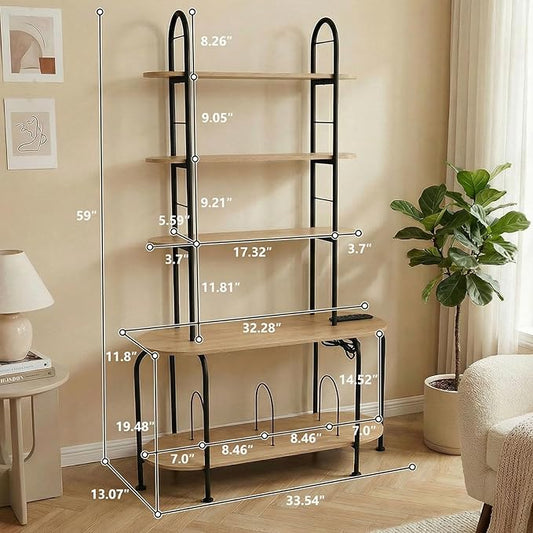 5-Tier CD Storage Rack, Record Player Stand with Storage, DVD Organizer Shelf with Adjustable Book Stoppers, Media Storage Rack for CD/DVD, Books, Games, for Living Room, Bedroom, Home Office, Walnut