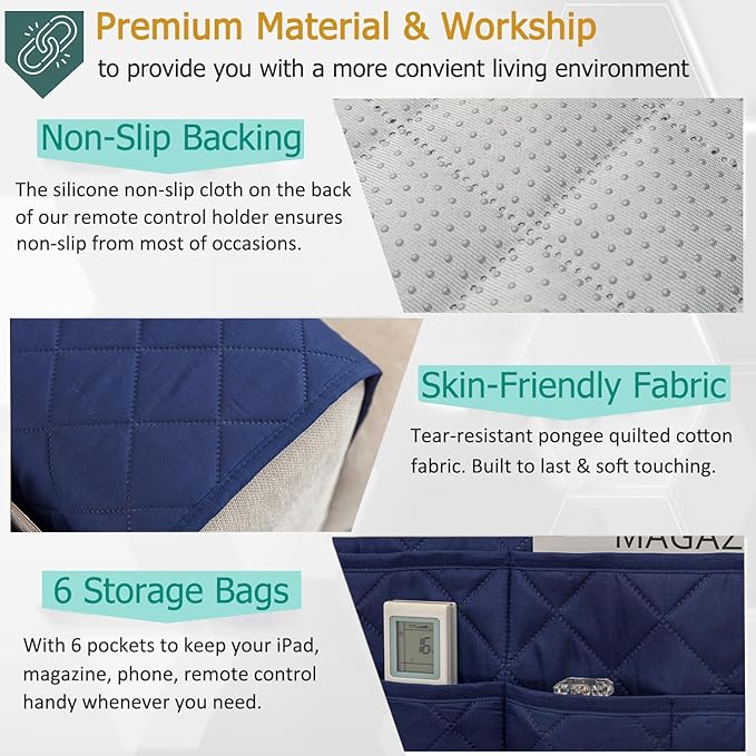 DECKALY Sofa Armrest Organizer with 6 Pockets, Non-Slip Couch Recliner Armchair Caddy, Washable Remote Controls Holder, Storage for Magazine, Tablet (Navy)