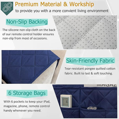 DECKALY Sofa Armrest Organizer with 6 Pockets, Non-Slip Couch Recliner Armchair Caddy, Washable Remote Controls Holder, Storage for Magazine, Tablet (Navy)