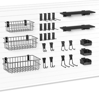 35-Piece Metal Slatwall Accessories Set for Garage Storage, Includes Wire Baskets, Heavy-Duty Hooks, Shelves & Bins, Fits Standard Slatwall Panels