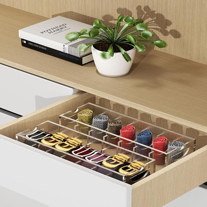 ZhiYo-Life Acrylic Belt Organizer with Dust Cover – Clear Belt Storage Box for Closet or Drawer, Belt and Tie Display Holder Case with 7 Compartments for Men and Women