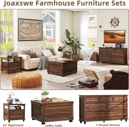 Joaxswe 24" Wide Farmhouse Night Stand Set of 2,Large End Table with 2 Drawers & Metal Handle,Brown Wood Dresser for Bedroom, Bed Side Table Chest of Drawers Cabinet, Nightstand for Living Room,Closet