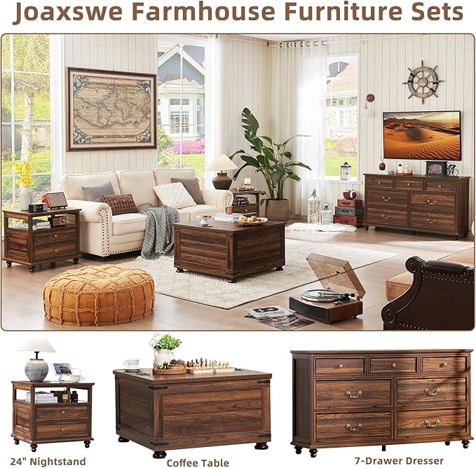 Joaxswe 24" Wide Farmhouse Night Stand,Large End Table with 2 Drawers & Metal Handle,Wood Dresser for Bedroom, Brown Bed Side Table Chest of Drawers Cabinet,Nightstand for Living Room,Closet