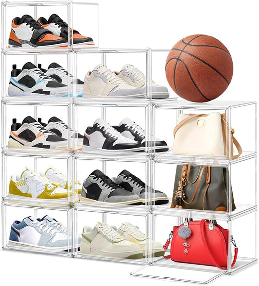 EDS FAM 12 Pack Acrylic Shoe Large Storage Box with Magnetic Door Size 13 Clear Stackable Shoe Organizer for Closet Space Saving Shoe Cabinet Sneaker Display Case