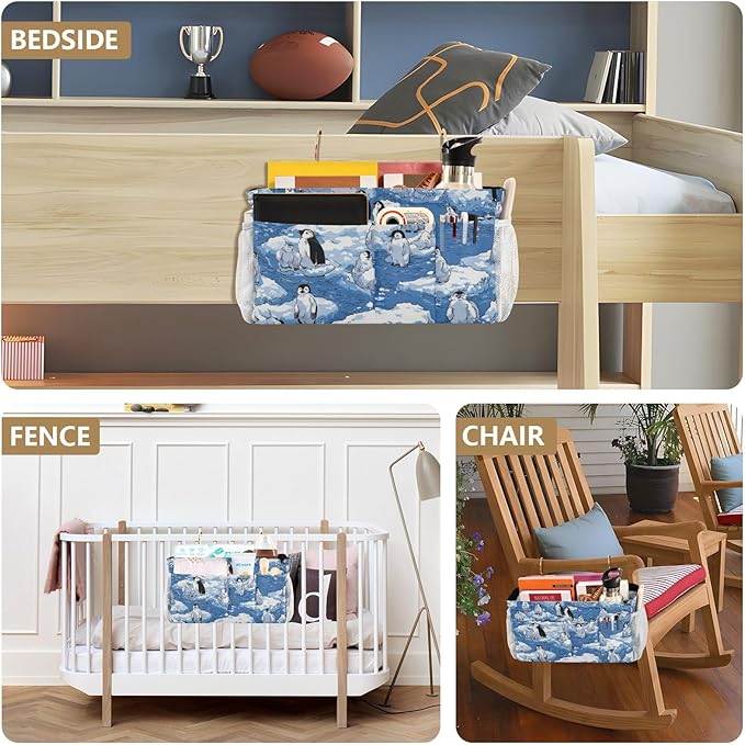 CuwrYet Bedside Caddy Hanging Bunk Bed Caddy Bed Organizer Hanging Pocket with 2 Hooks Bedside Storage Organizer Pocket Bag Holder Blue Penguins Ice Floes Snow Water