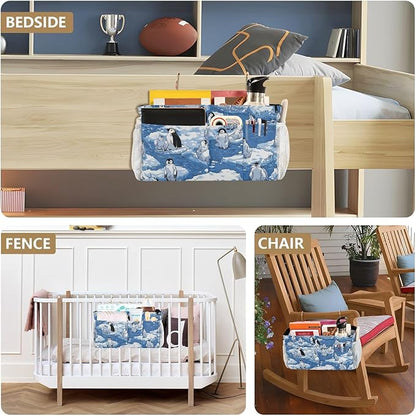 CuwrYet Bedside Caddy Hanging Bunk Bed Caddy Bed Organizer Hanging Pocket with 2 Hooks Bedside Storage Organizer Pocket Bag Holder Blue Penguins Ice Floes Snow Water