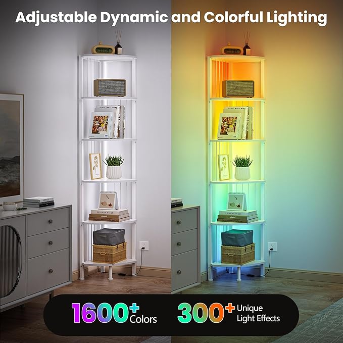 6 Tier Corner Shelf with Light, Music Synic 60000 DIY LED Color Smart Remote Tall Display Shelves Corner Shelf Stand Bookshelf Wood Rack Metal Frame for Living Game Room Bedroom, White