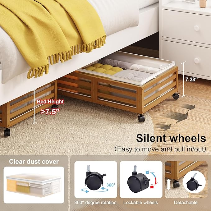 Wisuce Home Under Bed Storage Containers With Wheels - 2 Pcs Bamboo Wood Rolling Underbed Shoe Storage Bins With Dust Bags for Clothes Blankets, Duvet Covers Snacks Toys (Walnut)