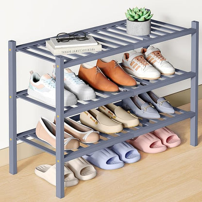 Smiry Bamboo Shoe Rack for Closet, 3 Tier Wooden Stackable Shoe Organizer, Free Standing Shoes Storage Shelf for Entryway, Front Door Entrance, Grey