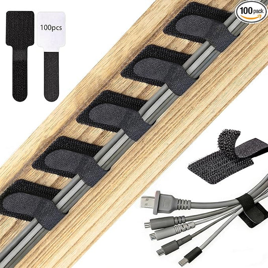 100 Pcs Hook and Loop Cable Ties, Self Adhesive Cable Management Under Desk Cable Straps, Adjustable Cord Organizer for Desk Home Office Organization (Black)