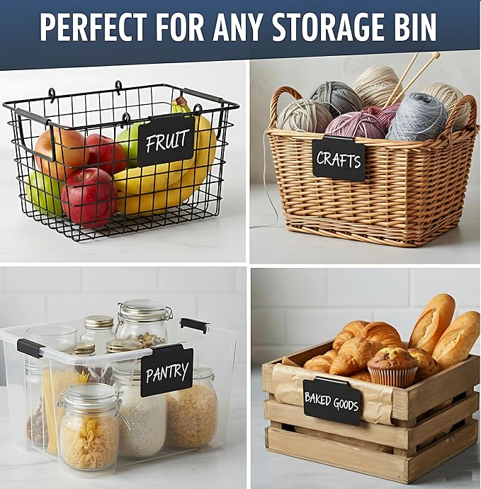 30 Basket Labels Clip On for Pantry Organization and Storage 3x4 inch - Plastic Baskets Bin Labels - Small Chalk Labels for Baskets - Black Bin Clip Labels for Baskets - Dry Erase Basket Tags