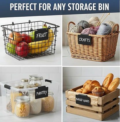 30 Basket Labels Clip On for Pantry Organization and Storage 3x4 inch - Plastic Baskets Bin Labels - Small Chalk Labels for Baskets - Black Bin Clip Labels for Baskets - Dry Erase Basket Tags