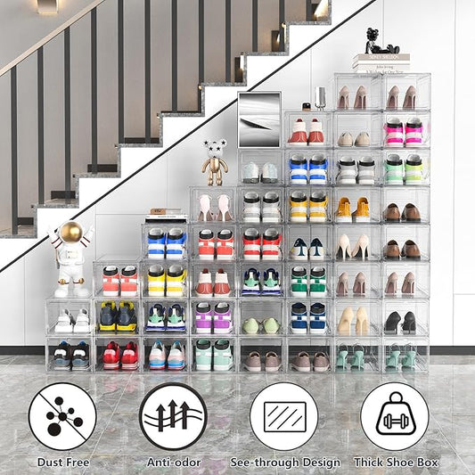MCIJRJOI 12 Pack Hard Sturdy Thickened Rigid XX Large Shoe Storage Organizer for Closet, Clear Stackable Sneaker Shoe Boxes Rack Containers Display Case Bins with Lids, White
