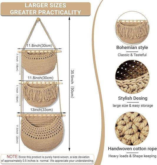 3 Tier Hanging Fruit Baskets for Kitchen, Boho Cotton Rope Handwoven Vegetable Hammock Produce Storage Wall Mounted Large Organizing Basket for Farmhouse Decor, Over The Door, Onion, Potato (Linen)