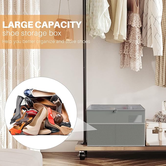MIFXIN Shoes Storage Box Large Shoe Boot Organizer for Closet Fit 16 Pairs Shoes Space Saving Storage Bin Container with Clear Cover & Reinforced Handles (Grey)