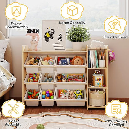Kids Toy Storage Organizer, Wooden Shelf with 3 Tiers and 9 Storage Bins, Nursery Room Organizer for Books and Toys, White and Natural Wood