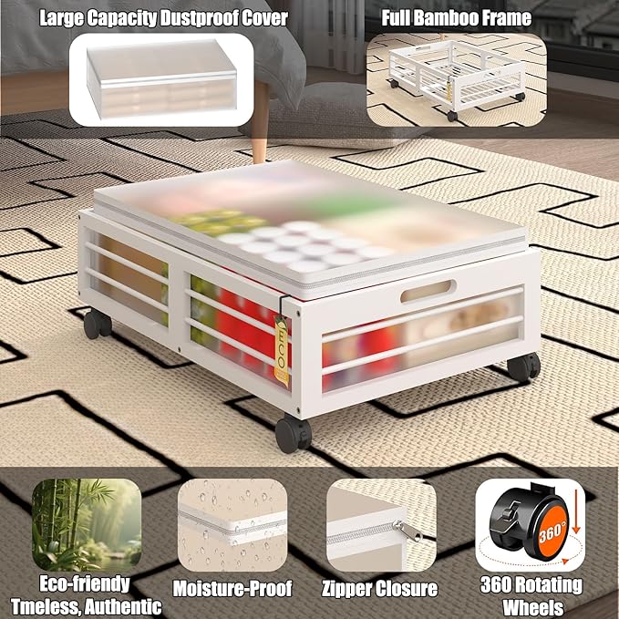 Bamboonova Bamboo Underbed Storage Containers with Wheels & Bag 2 Pack, Large Under Bed Rolling Storage Bins Wood Under Bed Clothes Storage Stackable Drawers for Bedroom Closet Under Crib Toy(White)