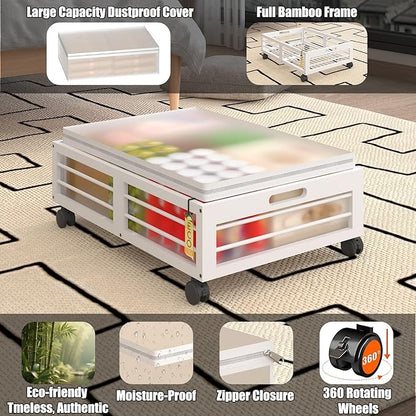 Bamboonova Bamboo Underbed Storage Containers with Wheels & Bag 2 Pack, Large Under Bed Rolling Storage Bins Wood Under Bed Clothes Storage Stackable Drawers for Bedroom Closet Under Crib Toy(White)