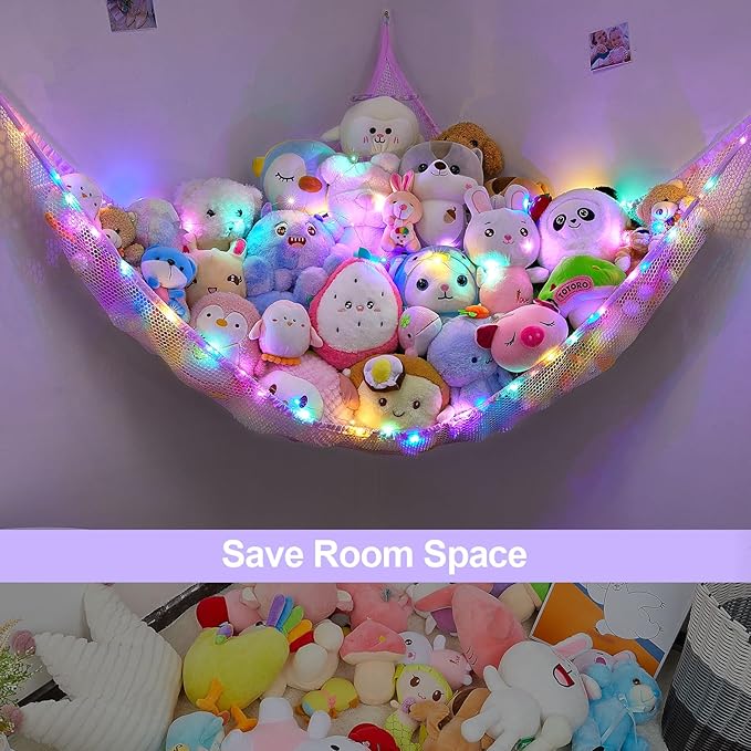 Unicorn Castle Stuffed Animals Net or Hammock Kids Toy Storage Organizer with LED Light Hanging Corner Stuffed Animals Holder Kids Girls Room Decor,Pink-Purple-Yellow,Large (Pack of 1)