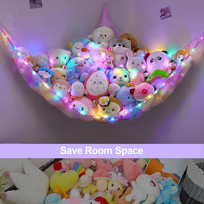 Unicorn Castle Stuffed Animals Net or Hammock Kids Toy Storage Organizer with LED Light Hanging Corner Stuffed Animals Holder Kids Girls Room Decor,Pink-Purple-Yellow,Large (Pack of 1)