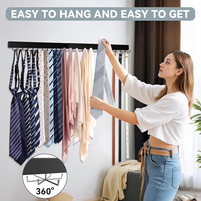 HOMEBROS Tie Rack Wall Mount, Wooden Closet Tie Hanger with 24 Metal Hooks, Large Capacity, Black, 2 Pcs