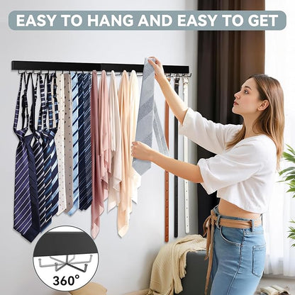 HOMEBROS Tie Rack Wall Mount, Wooden Closet Tie Hanger with 24 Metal Hooks, Large Capacity, Black, 2 Pcs