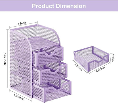 EasyPAG Mesh Desk Organizer with 3 Drawer Office Desktop Organizers and Accessories Stationery Caddy for Office, Home, Students, Purple