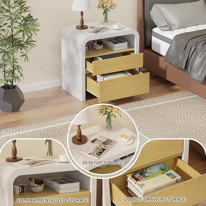 HOCAT 24 inches White Modern Nightstand, Bedside Table with Curved Anti-Collision Design, Large Night Stand with 2 Storage Drawers and Open Wood Shelf for Bedroom, Farmhouse Side Table, End Table