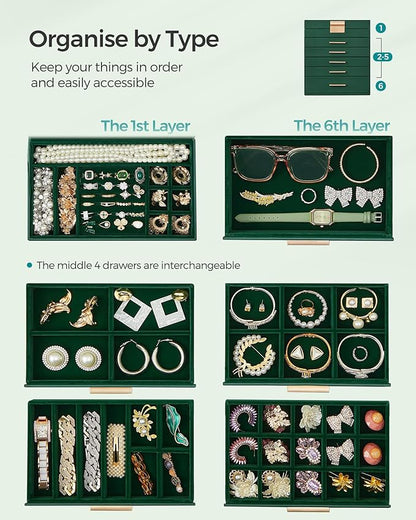 SONGMICS Jewelry Box Organizer with Glass Lid, 6-Layer Jewelry Storage, with 5 Drawers, Modern Style, 6.4 x 9.9 x 11.4 Inches, Forest Green and Gold Color UJBC171C01