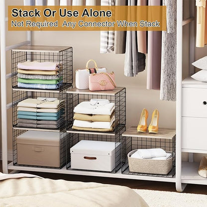 Widened & Heightened Closet Organizers And Storage Shelves With Top Board, Set of 3 Stackable Closet Shelf Organizer Storage Bin Basket For Clothes Sweaters,Space-saving, Sturdy,Wider Higher Size