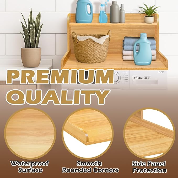 Royxen Washer Dryer Countertop with Shelf,2-Tier Laundry Countertop for Single Washer and Dryer,Soild Wood Core Washer Dryer Topper for Laundry Room Organization (Oak)