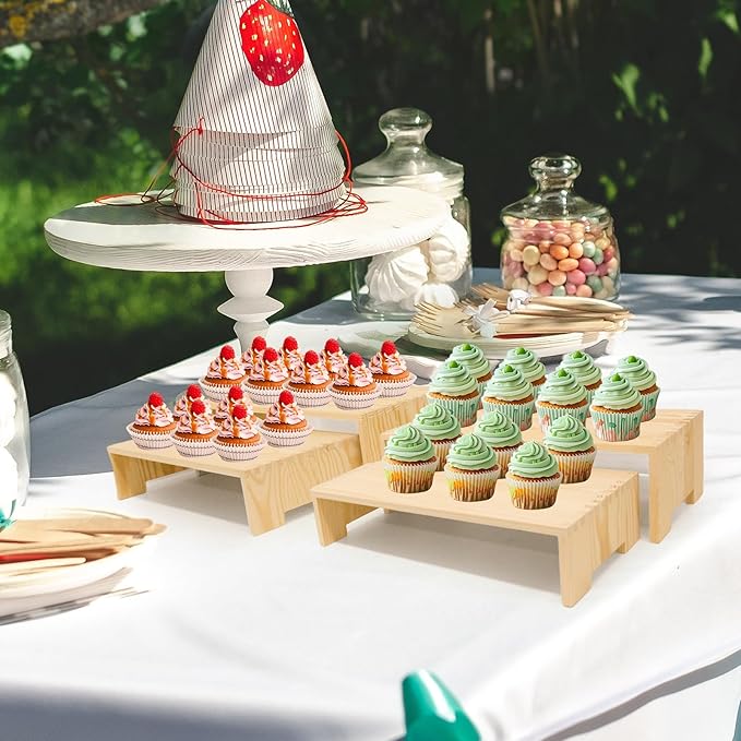 4Pcs Large Display Riser Wood Risers Cupcake Display Stand 2 Tier Racks Rectangular, 2 Set Perfume Decorative Display Dessert Stands for Vendors Event (Large/2Pack Nature)