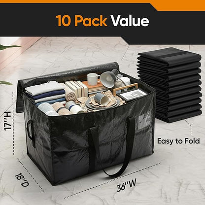 HOLDN’ STORAGE Extra Large Moving Storage Bag with Zipper Lid, Heavy Duty Reusable Tote for Clothes, Bedding, Books, Dorm & Home, Pack of 10 (Extra Large)