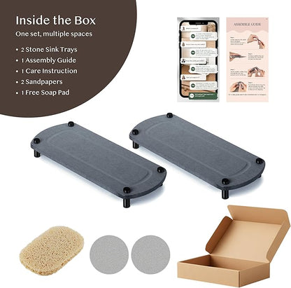 2PCS Water Absorbing Stone Soap Tray for Kitchen Bathroom Sink, Quick Dry Diatomaceous Earth Drying Rack and Shower Caddy, Soap Dispenser and Sponge Holder Organizer for Countertop, TWINKLE MOMENT; Dark Gray