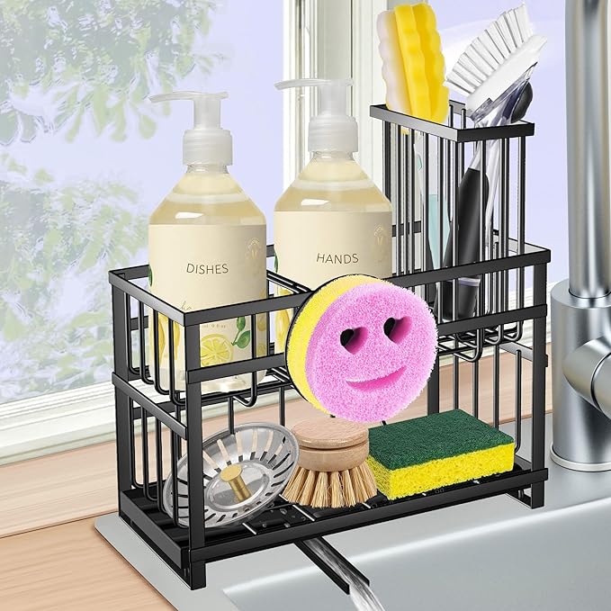 Sponge Holder for Kitchen Sink & Sink Caddy - 2-Tier Stainless Steel Organizer with Automatic Drainage, Rustproof Storage for Dish Brush, Soap Dispenser & Countertop Essentials