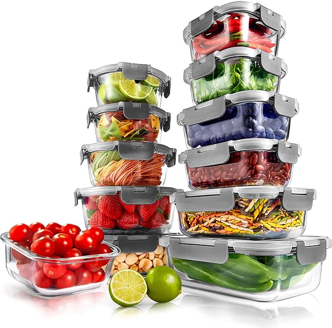 Superior Glass Food Storage Containers - 24-Piece Stackable Glass Meal-prep Containers w/Newly Innovated Hinged BPA-Free 100% Leakproof Locking Lids - Freezer-to-Oven-Safe - NutriChef NCGLGY (Gray)