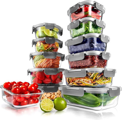 Superior Glass Food Storage Containers - 24-Piece Stackable Glass Meal-prep Containers w/Newly Innovated Hinged BPA-Free 100% Leakproof Locking Lids - Freezer-to-Oven-Safe - NutriChef NCGLGY (Gray)