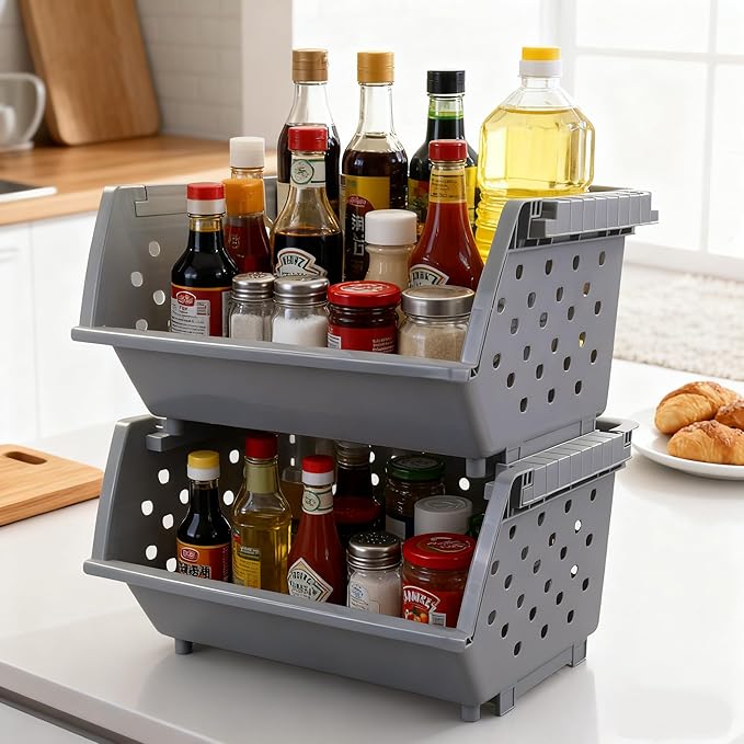 3-Pack Plastic Stacking Organizer Basket, Kitchen Stackable Storage Baskets