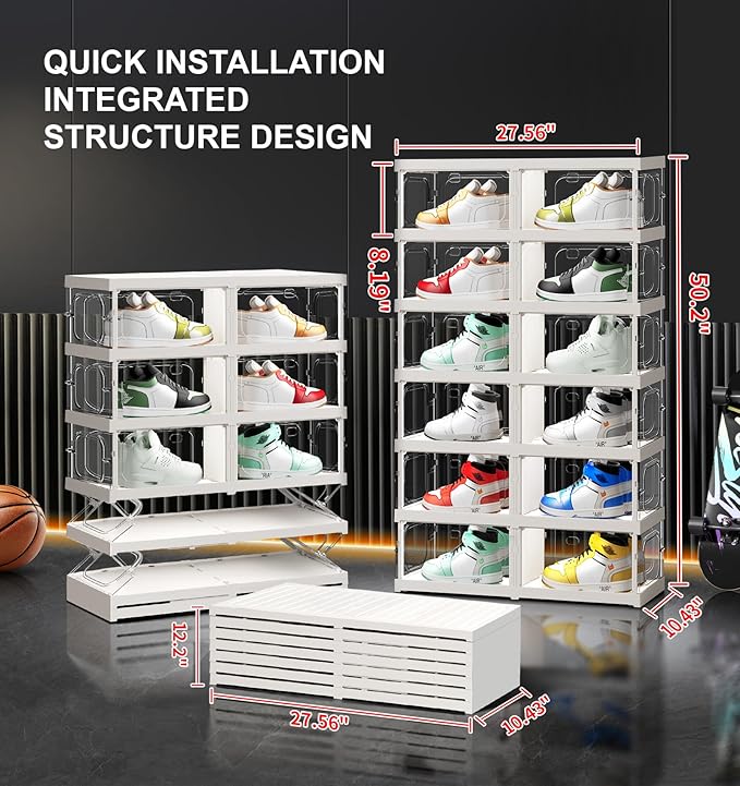 CIMLORD 6-Tier 12-Pairs Foldable Shoe Rack with Magnetic Doors,4-Sided Clear Design,Taller Storage for High Shoes & Sneakers,Stackable Shoe Storage Cabinet Space-Saving Organizer for Closet,Cloakroom