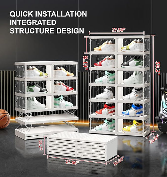 CIMLORD 6-Tier 12-Pairs Foldable Shoe Rack with Magnetic Doors,4-Sided Clear Design,Taller Storage for High Shoes & Sneakers,Stackable Shoe Storage Cabinet Space-Saving Organizer for Closet,Cloakroom