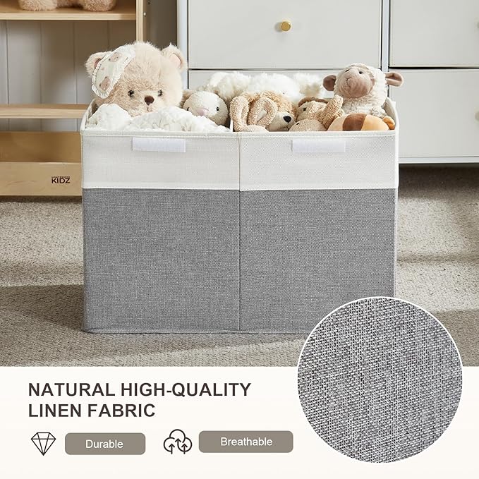 Large Toy Storage Box with Lid, Collapsible Toys Storage Organizer Bins with Dividers and Handles, Storage Chest Bin for Kids, Boys, Girls, Nursery 25"x13" x16" (Gray & White)