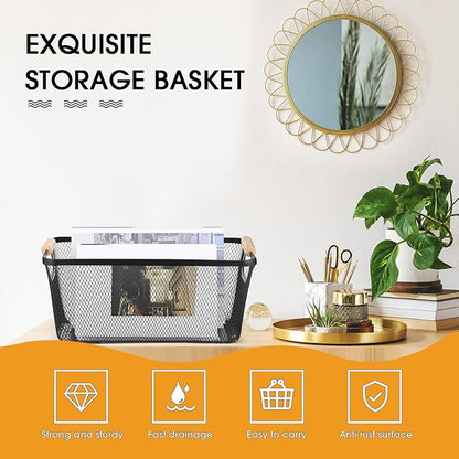 4 Pcs Metal Wire Basket with Wooden Handles Mesh Steel Storage Organizer Bin Containers for Home Organizing Cabinet Pantry Closet Kitchen Fridge Fruit Makeup Snacks Gifts(Large,Black)
