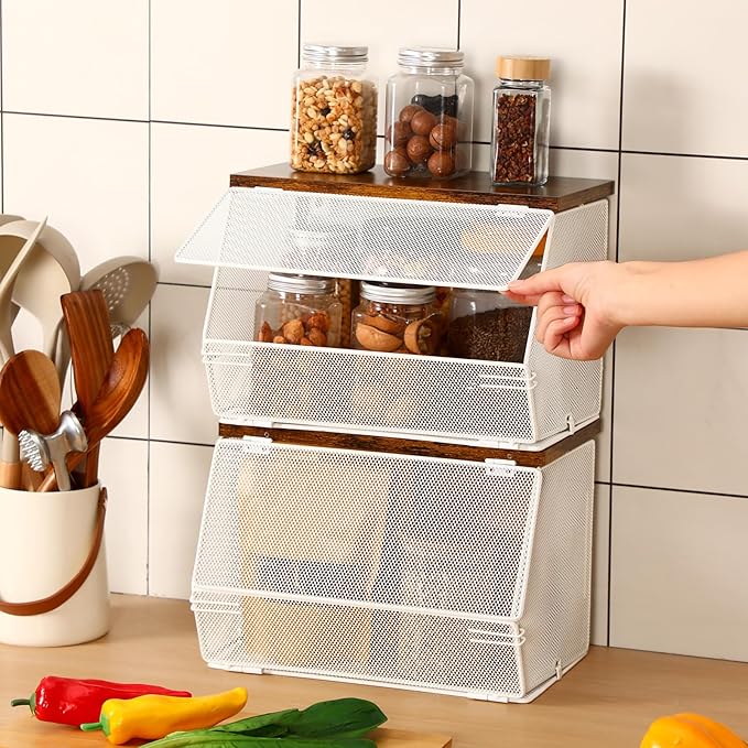 2 Pcs Stackable Mesh Fruit Basket with Lid Wall Produce Vegetable Storage Basket Onion Potato Snack Hanging Metal Wire Container for Kitchen Counter Pantry(Non-removable,White,8.3"w & 13.8"l)