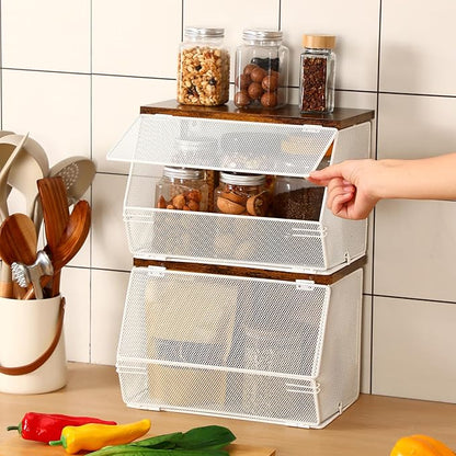 2 Pcs Stackable Mesh Fruit Basket with Lid Wall Produce Vegetable Storage Basket Onion Potato Snack Hanging Metal Wire Container for Kitchen Counter Pantry(Non-removable,White,8.3"w & 13.8"l)
