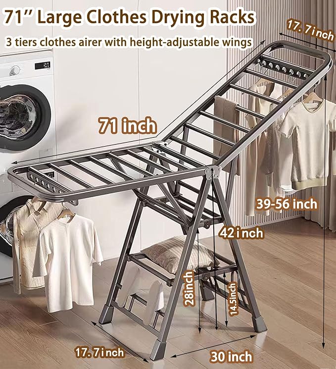 Heavy Duty Clothes Drying Rack Foldable with Wheels, 71'' Extra-Thick Metal Laundry Dryer Stand, 27 Rods Free-Standing for Indoor/Outdoor Windproof Use (17.7" D x 71" W x 42" H)