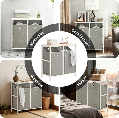 Haotian Laundry Hamper with Shelf, Laundry Basket, Laundry Sorter with 2 Pull-Out and Removable Bags for Laundry Room Bathroom Storing Rack Simple Design, BZR57-W