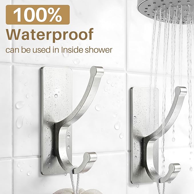 pickpiff Adhesive Wall Hooks with Strip - No Residue, Easy to Remove, Strong Heavy Duty Sticky Towel Hook, 4 Pack Silver