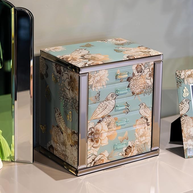 Homruilink High End Glass Jewelry Box - 5 Layer Jewelry Organizer with 2-Sided Doors and Mirror - Velvet-Lined Organizer For Ring, Necklace, Earring, Bracelet Storage - Christmas Gift For Women